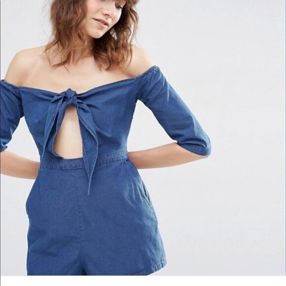ASOS Denim Off Shoulder Tie Front Romper - Picture 11 of 14